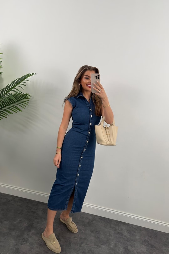 Premium Seri Likralı Drapeli Midi Boy Jean Elbise