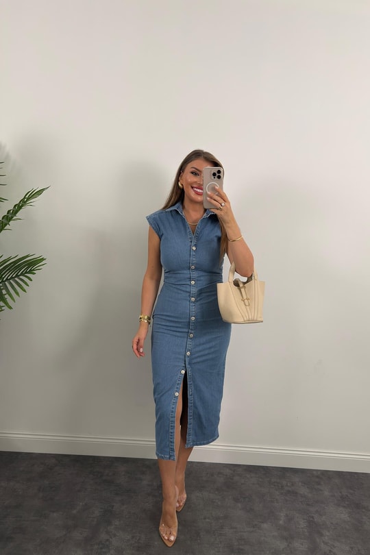 Premium Seri Likralı Drapeli Midi Boy Jean Elbise Açık Mavi