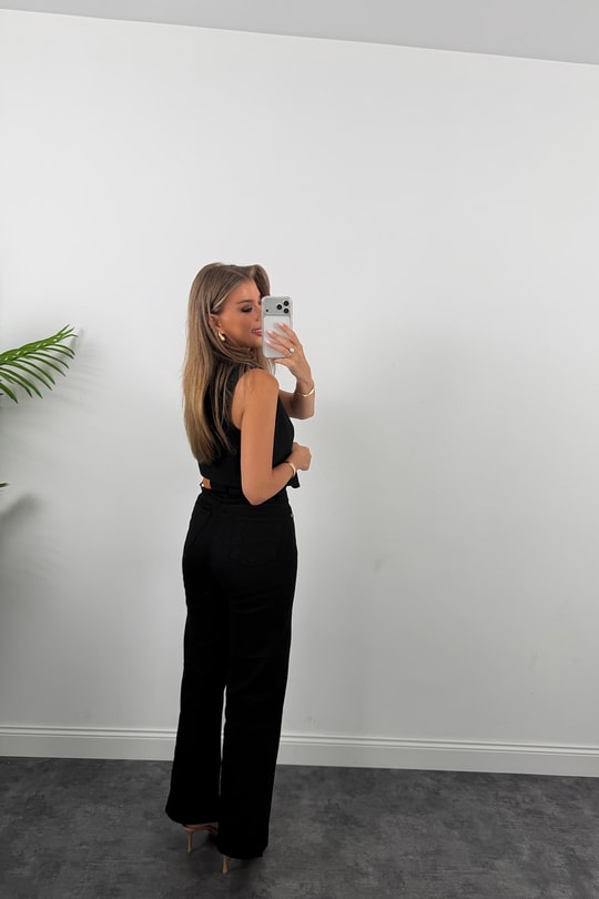 Premium Seri Lİkralı Kesik Paça Alexa Bol Paça Jean Süper Black