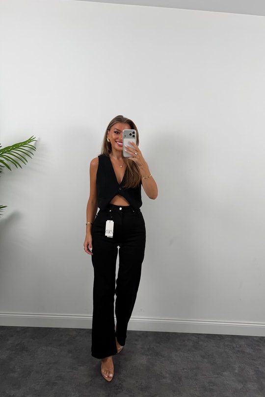 Premium Seri Lİkralı Kesik Paça Alexa Bol Paça Jean Süper Black