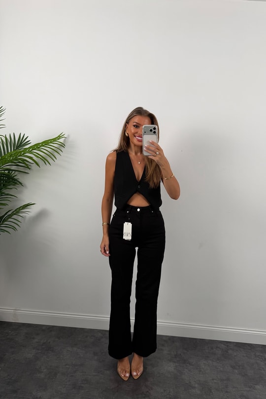 Premium Seri Lİkralı Kesik Paça Alexa Bol Paça Jean Süper Black