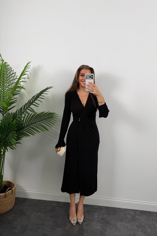 Premium Seri Likralı Kruvaze Midi Boy Elbise Siyah