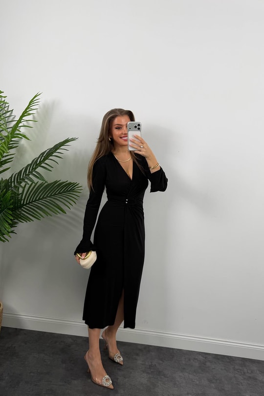 Premium Seri Likralı Kruvaze Midi Boy Elbise Siyah