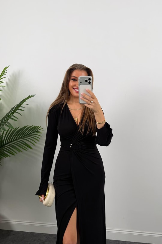 Premium Seri Likralı Kruvaze Midi Boy Elbise Siyah