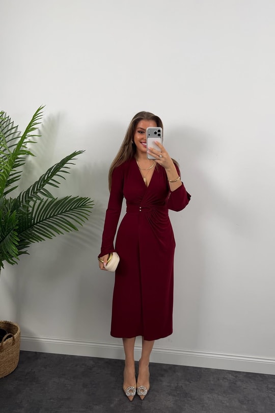 Premium Seri Likralı Kruvaze Midi Boy Elbise Bordo