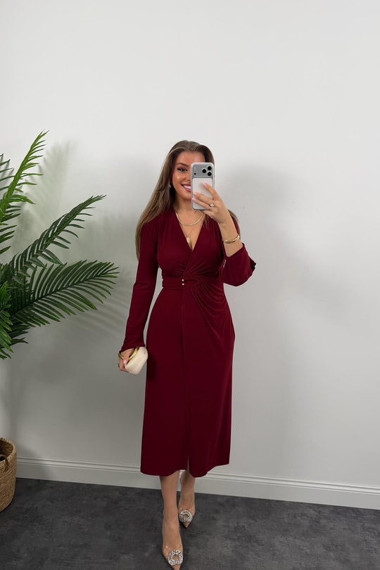 Premium Seri Likralı Kruvaze Midi Boy Elbise Bordo
