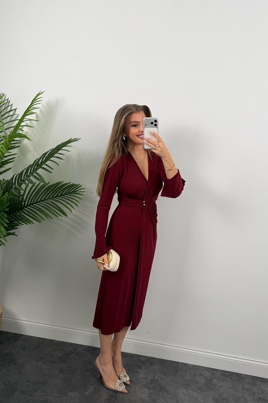 Premium Seri Likralı Kruvaze Midi Boy Elbise Bordo