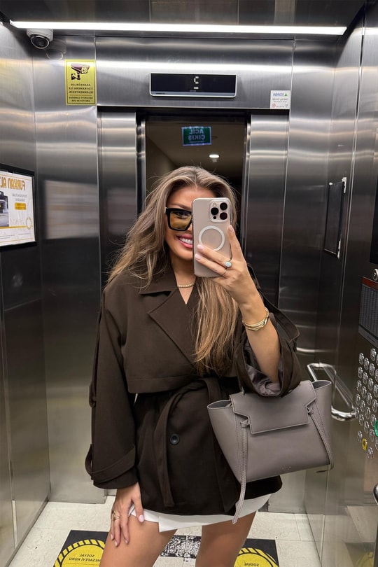 Premium Seri Lüx Double Kumaş Orta Boy Trençkot Acı Kahve