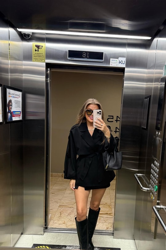 Premium Seri Lüx Double Kumaş Orta Boy Trençkot Siyah