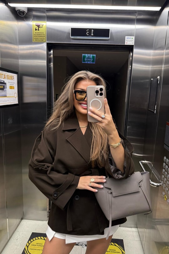 Premium Seri Lüx Double Kumaş Orta Boy Trençkot Acı Kahve
