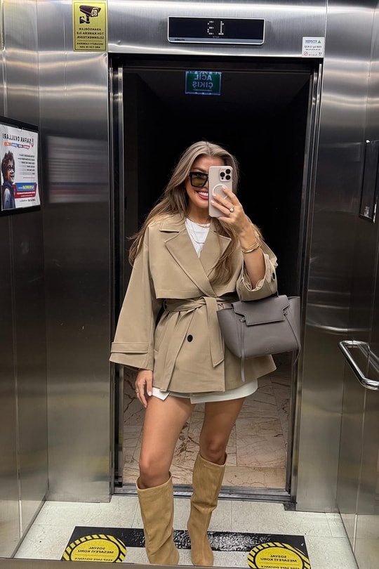 Premium Seri Lüx Poliviskon Trençkot Orta Boy Camel