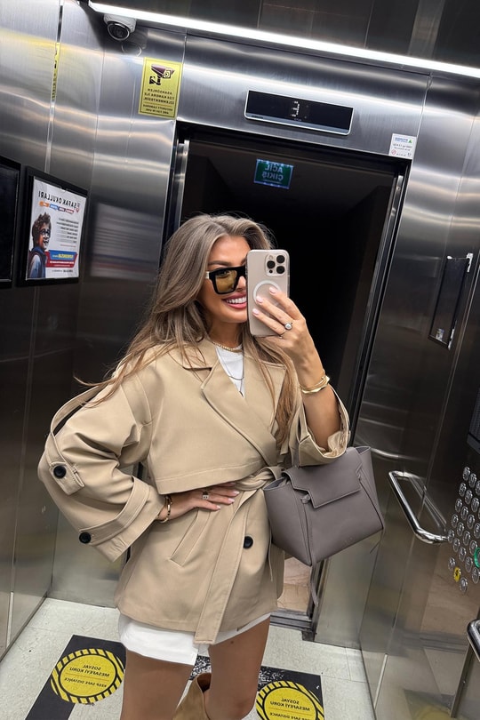 Premium Seri Lüx Poliviskon Trençkot Orta Boy Camel