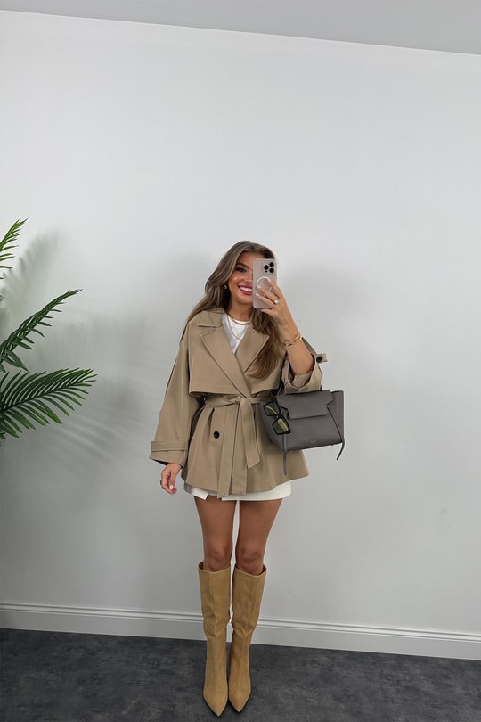 Premium Seri Lüx Poliviskon Trençkot Orta Boy Camel
