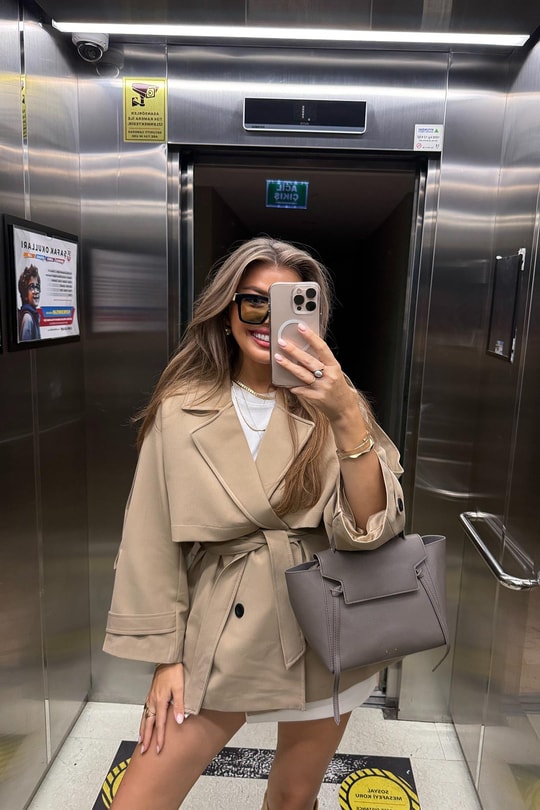Premium Seri Lüx Poliviskon Trençkot Orta Boy Camel