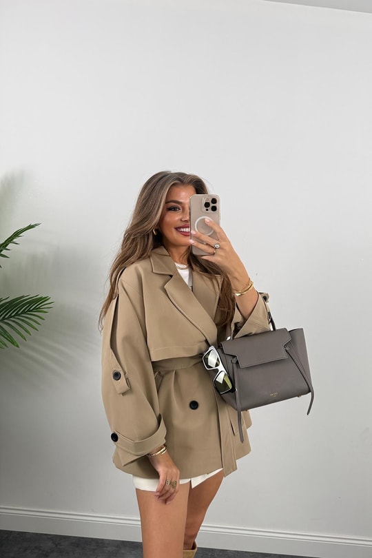 Premium Seri Lüx Poliviskon Trençkot Orta Boy Camel