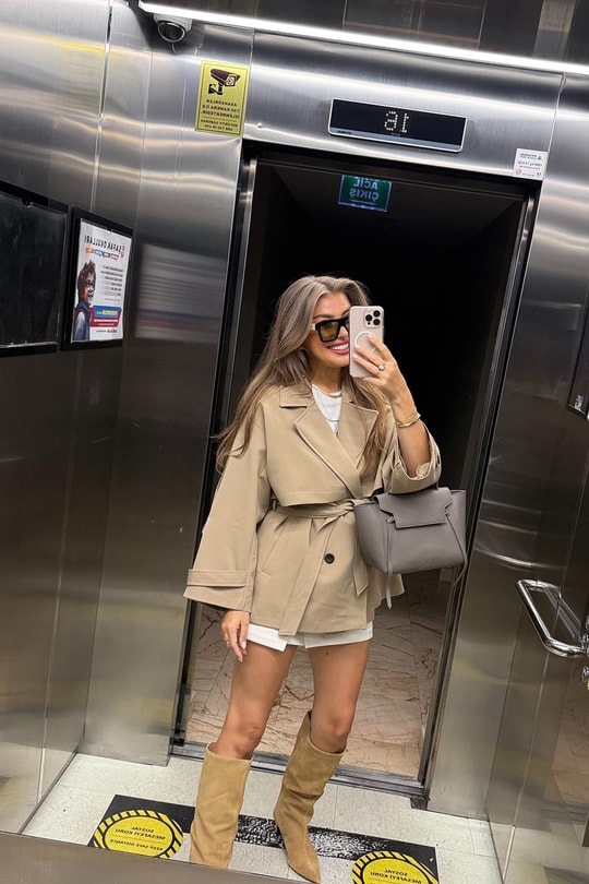Premium Seri Lüx Poliviskon Trençkot Orta Boy Camel