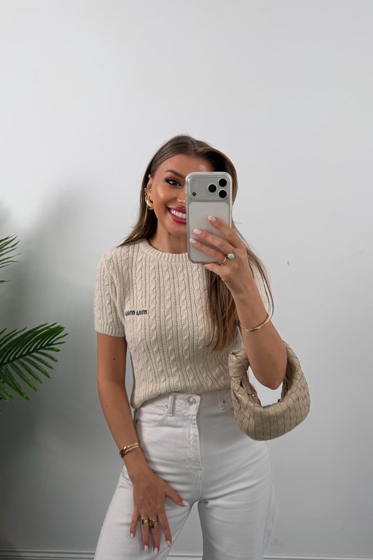 Premium Seri Marka Nakışlı Kısa Kol Elit Triko Bluz Taş