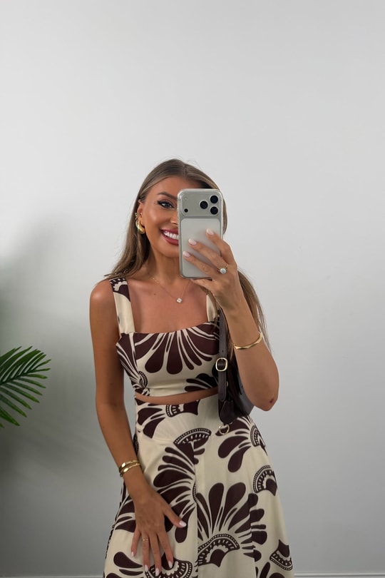 Premium Seri Maxi Etek Bluz Takım Kahve Krem Desenli 