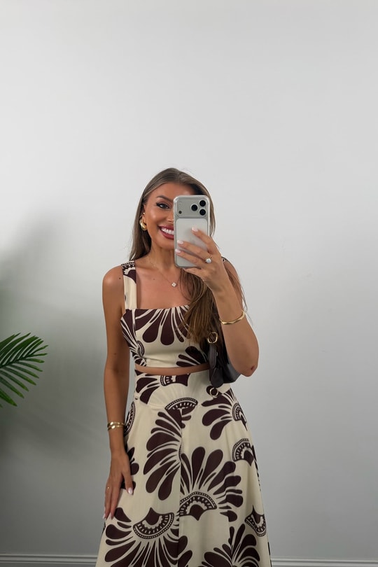 Premium Seri Maxi Etek Bluz Takım Kahve Krem Desenli 