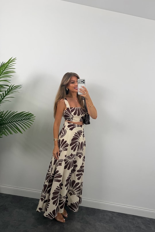 Premium Seri Maxi Etek Bluz Takım Kahve Krem Desenli 