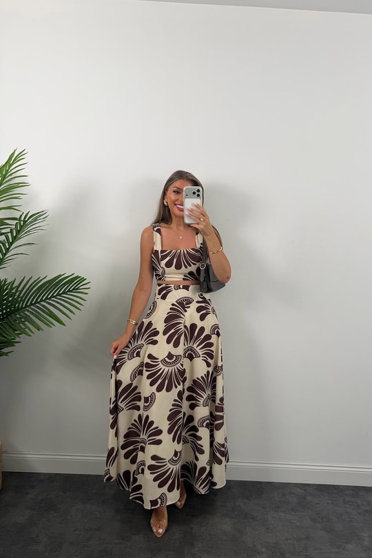Premium Seri Maxi Etek Bluz Takım Kahve Krem Desenli 