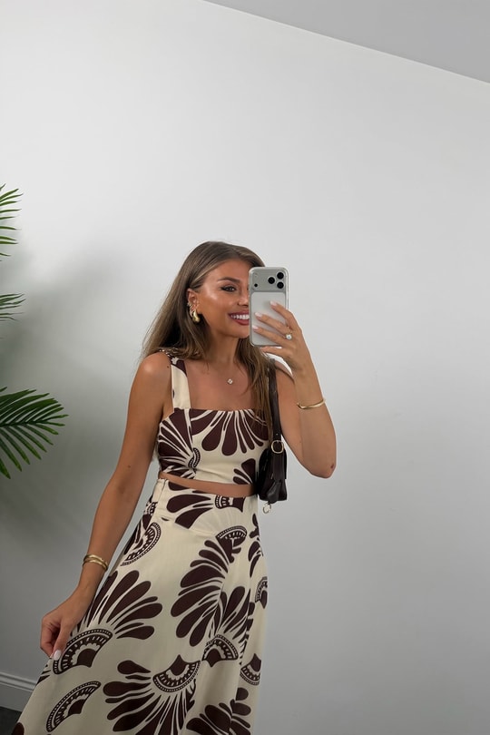 Premium Seri Maxi Etek Bluz Takım Kahve Krem Desenli 