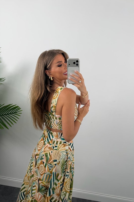 Premium Seri Maxi Etek Bluz Takım Yeşil Desenli 