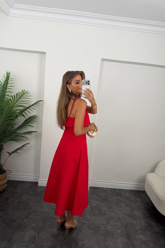 Premium Seri Midi Boy İp Askılı Kloş Elbise Kırmızı