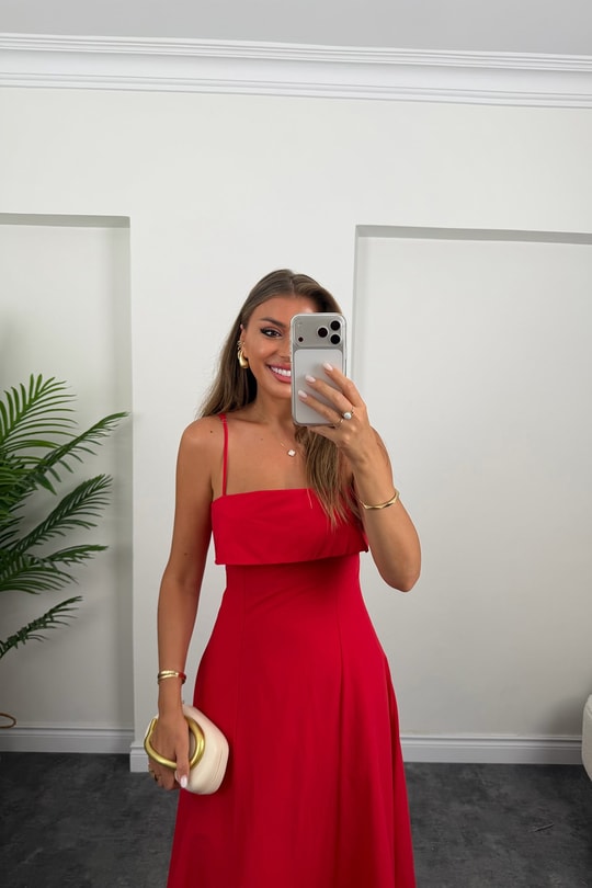 Premium Seri Midi Boy İp Askılı Kloş Elbise Kırmızı