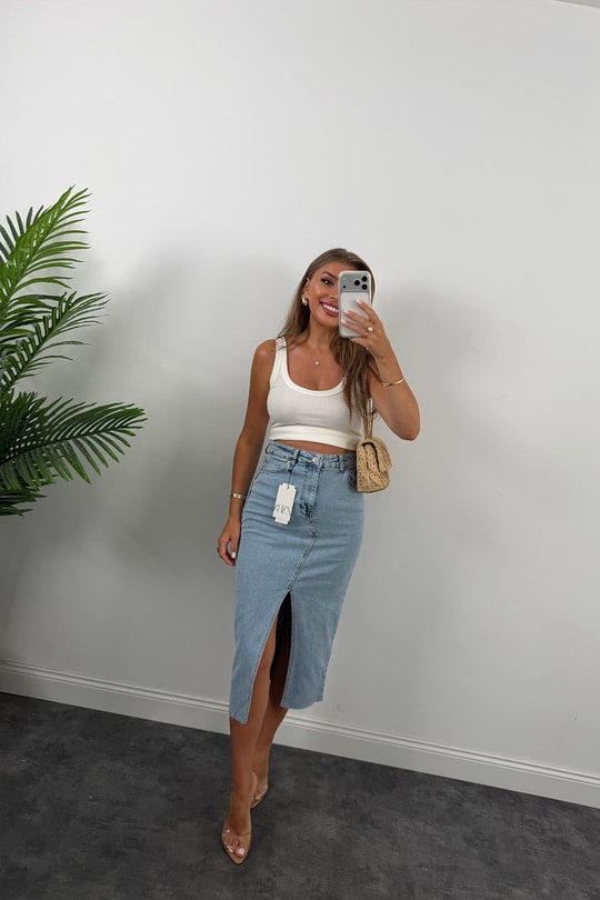 Premium Seri Midi Boy Jean Kalem Etek Açık Mavi