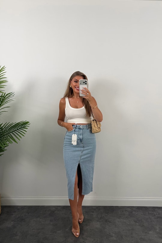 Premium Seri Midi Boy Jean Kalem Etek Açık Mavi