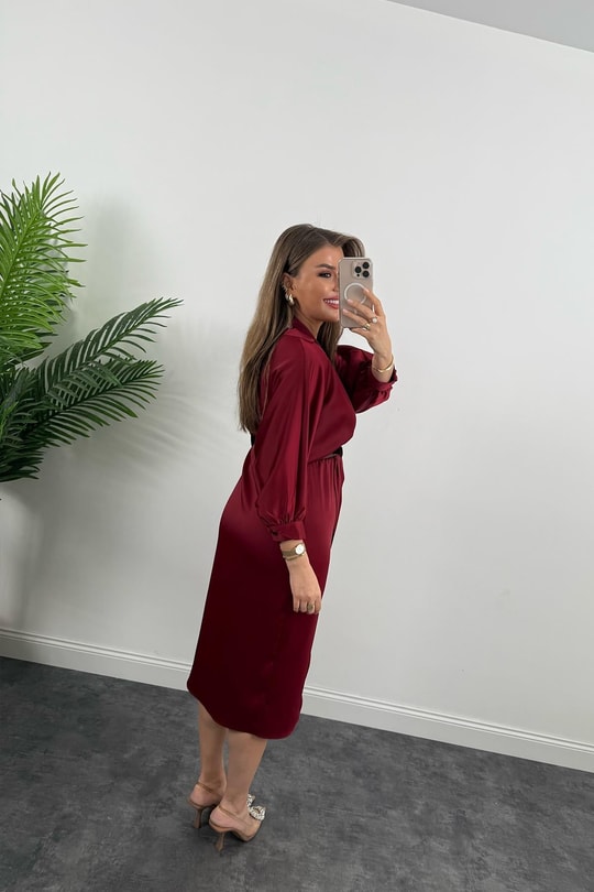 Premium Seri Midi Boy Kemerli Saten Anvelop Elbise Bordo