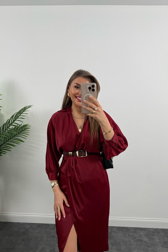 Premium Seri Midi Boy Kemerli Saten Anvelop Elbise Bordo