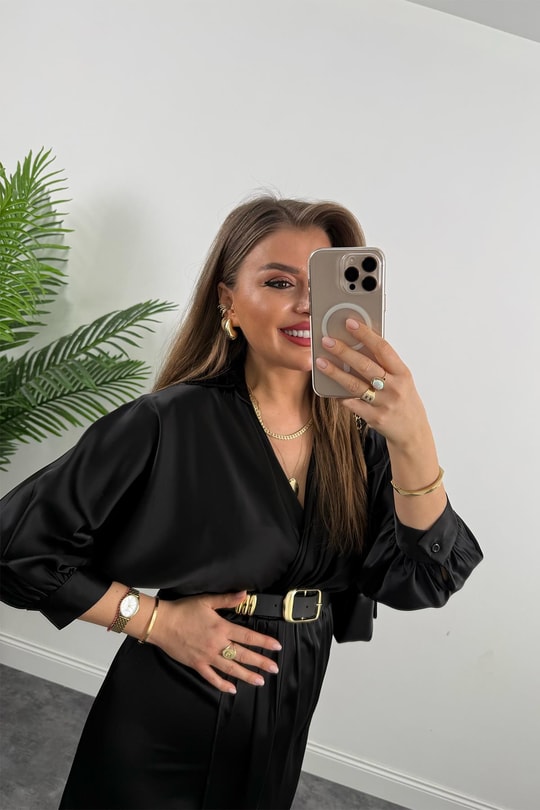 Premium Seri Midi Boy Kemerli Saten Anvelop Elbise Siyah