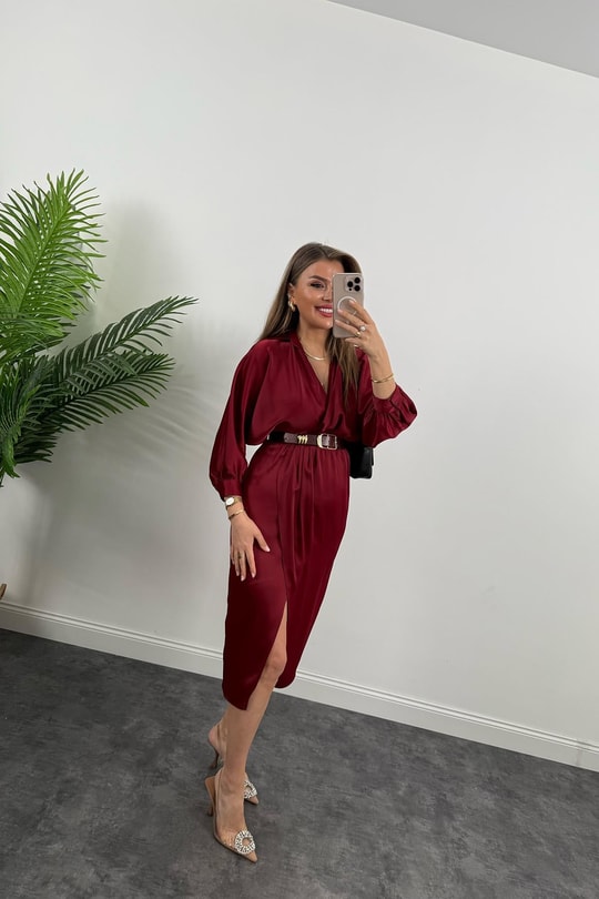 Premium Seri Midi Boy Kemerli Saten Anvelop Elbise Bordo