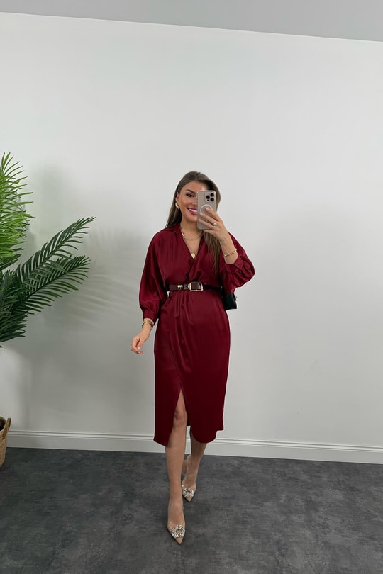 Premium Seri Midi Boy Kemerli Saten Anvelop Elbise Bordo