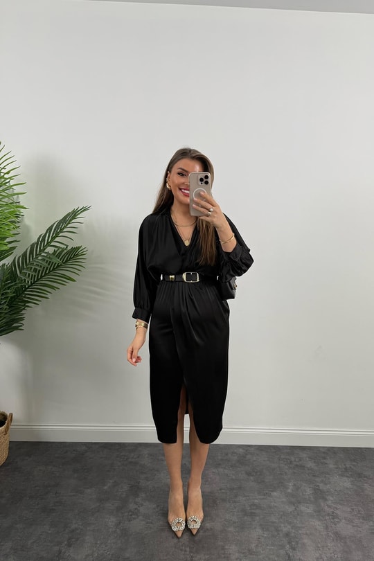 Premium Seri Midi Boy Kemerli Saten Anvelop Elbise Siyah