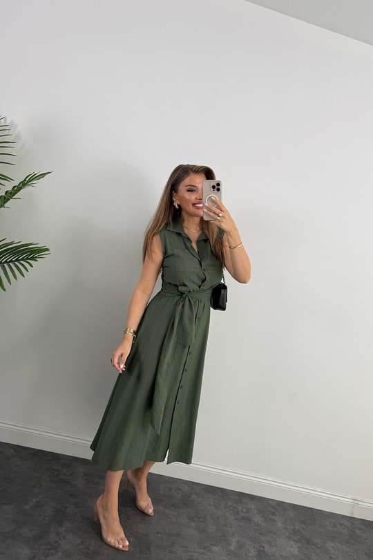 Premium Seri Mng Model Kuşaklı Midi Gömlek Elbise Haki