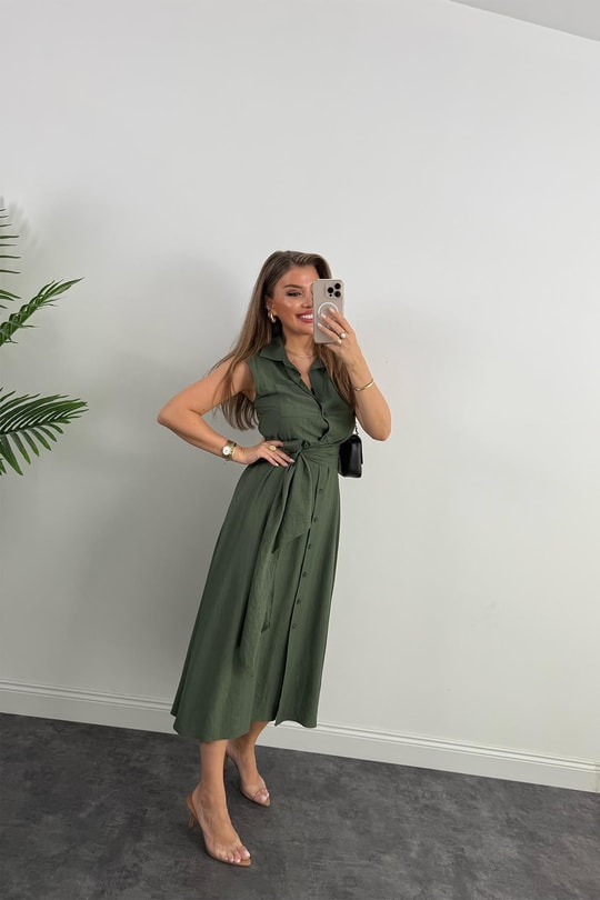 Premium Seri Mng Model Kuşaklı Midi Gömlek Elbise Haki