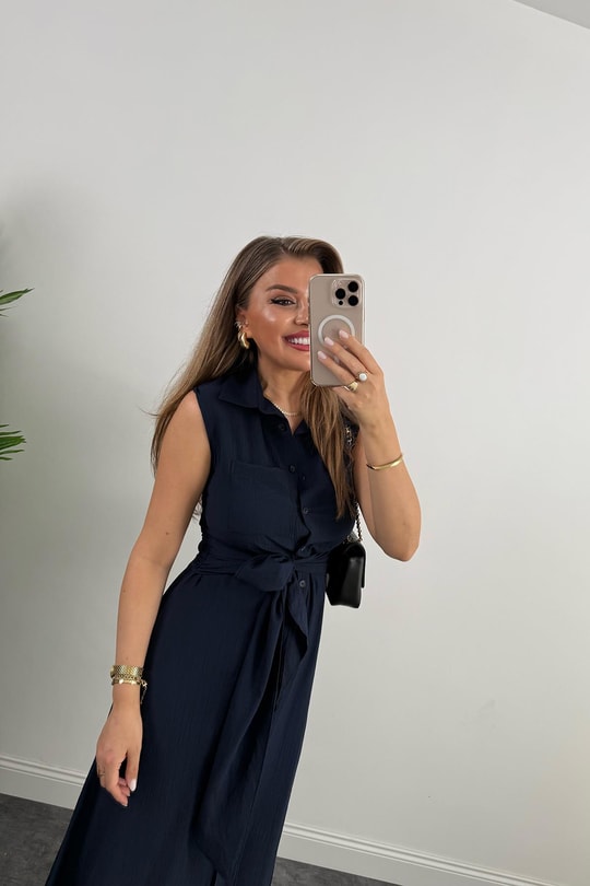Premium Seri Mng Model Kuşaklı Midi Gömlek Elbise Lacivert