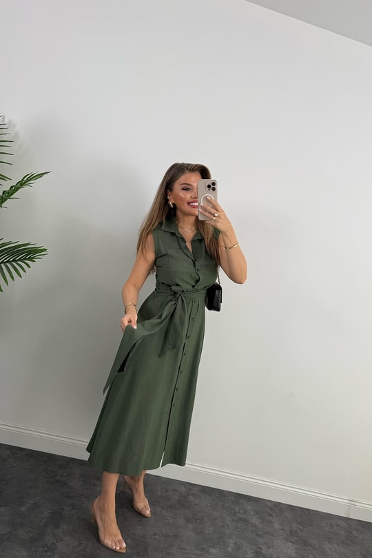 Premium Seri Mng Model Kuşaklı Midi Gömlek Elbise Haki