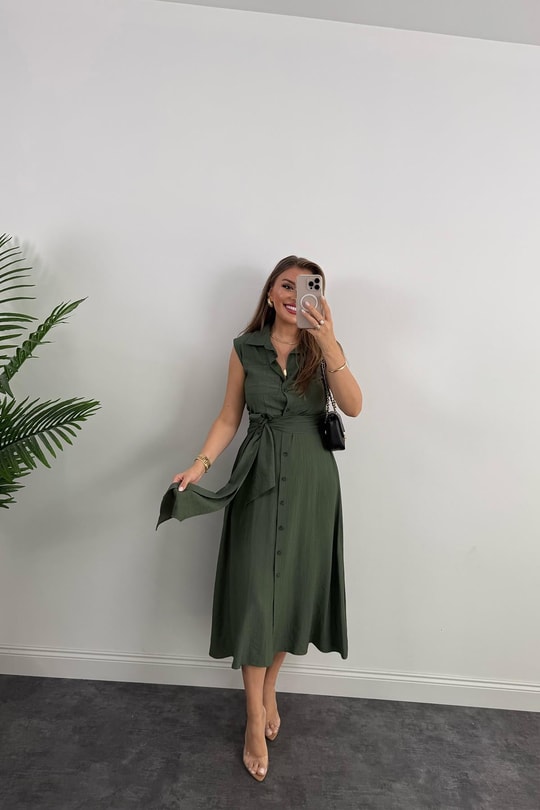 Premium Seri Mng Model Kuşaklı Midi Gömlek Elbise Haki
