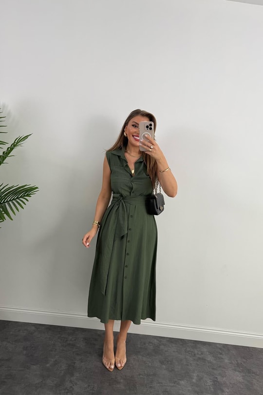Premium Seri Mng Model Kuşaklı Midi Gömlek Elbise Haki