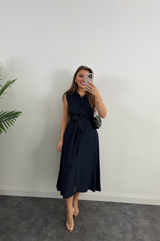 Premium Seri Mng Model Kuşaklı Midi Gömlek Elbise Lacivert