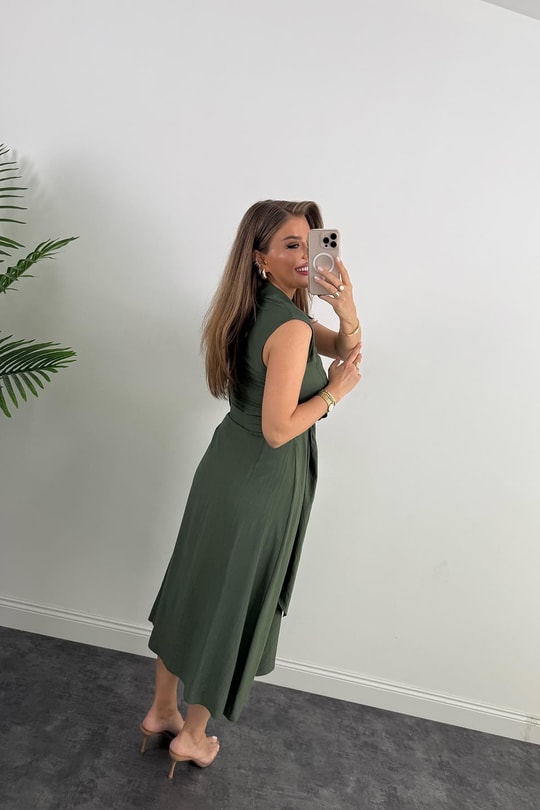 Premium Seri Mng Model Kuşaklı Midi Gömlek Elbise Haki