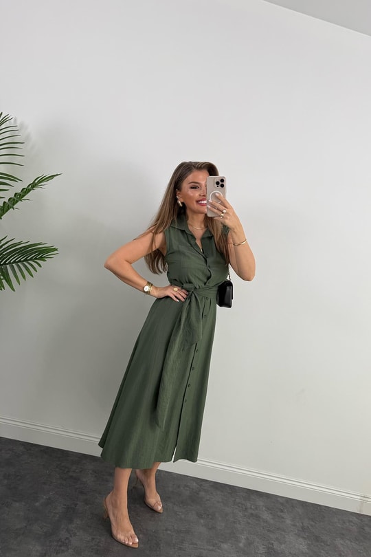 Premium Seri Mng Model Kuşaklı Midi Gömlek Elbise Haki