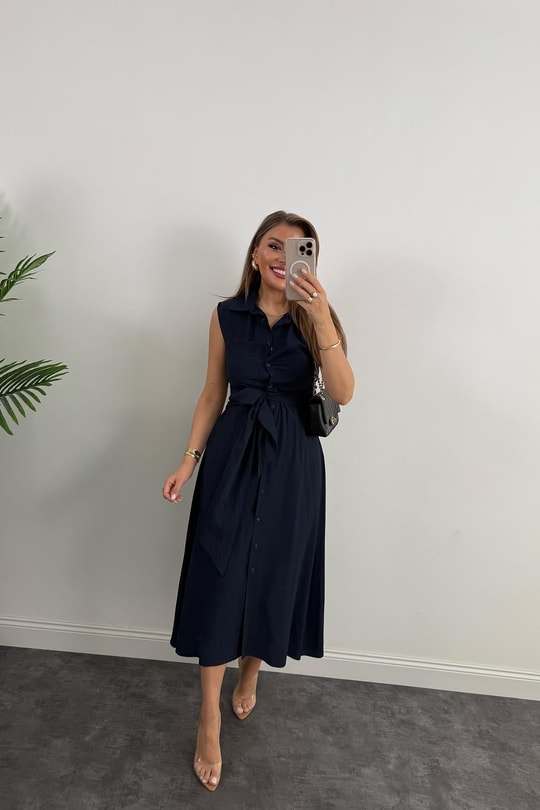 Premium Seri Mng Model Kuşaklı Midi Gömlek Elbise Lacivert