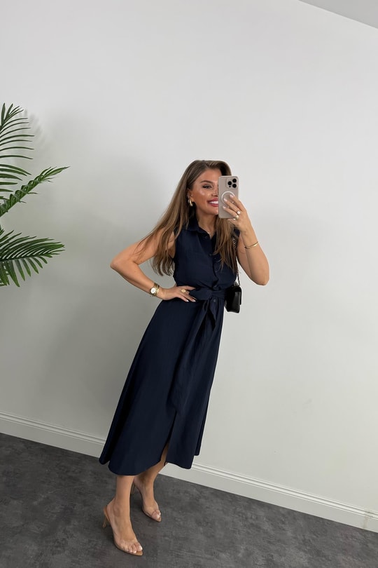 Premium Seri Mng Model Kuşaklı Midi Gömlek Elbise Lacivert