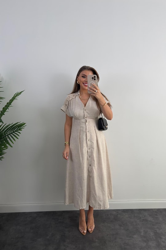 Premium Seri Omuzları Dantelli Ham Keten Midi Boy Elbise