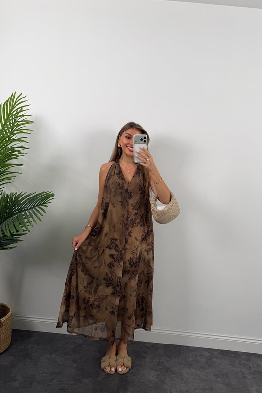 Premium Seri Omuzları Düğümlü Kahve Desenli Maxi Elbise
